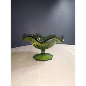 Millersburg Green Radium Glass Peacock Tail Compote
